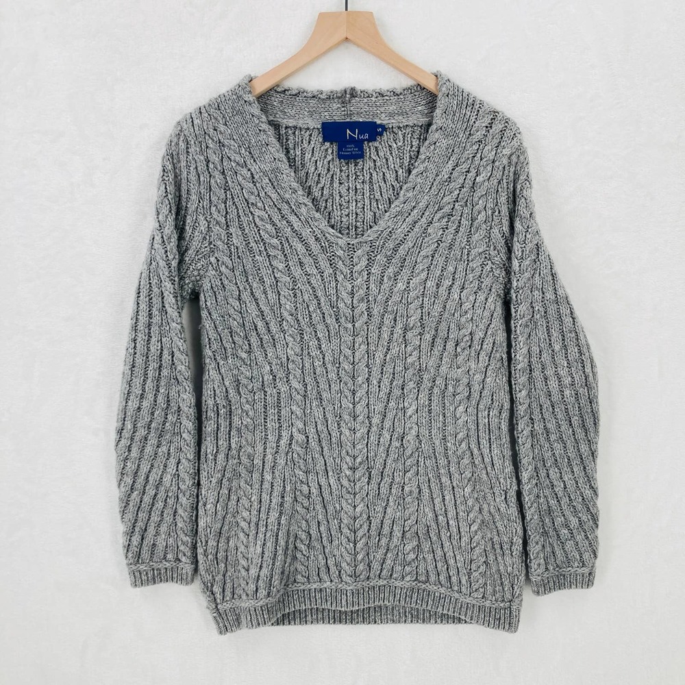 Nua Cable Knit Sweater Womens Small 100% Extra Fine Merino Wool Gray